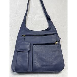 JPOurse Blue Leather Inner Pockets Lined Casual Adjustable Strap Crossbody Bag